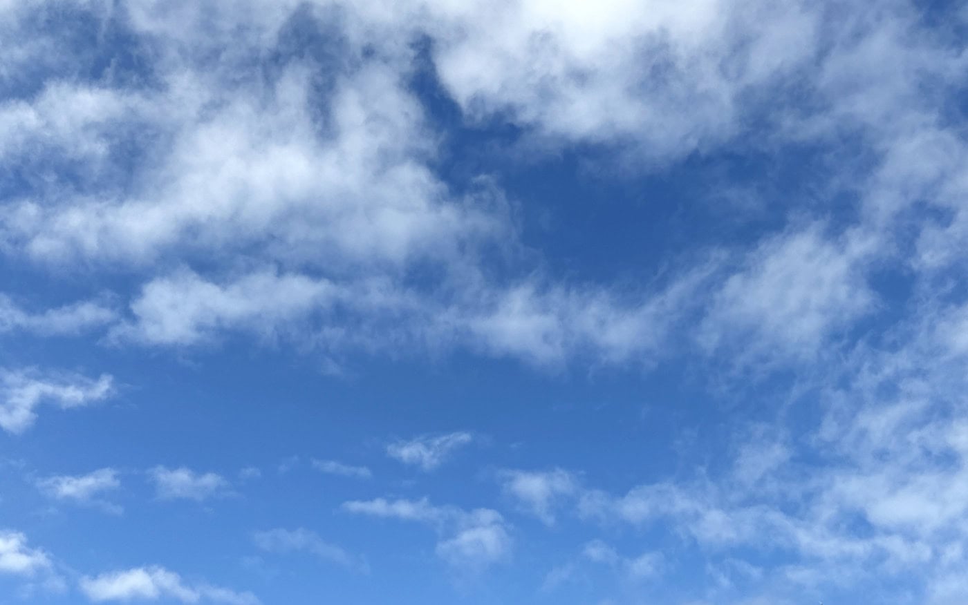 a blue sky seen through a spread of small, thin, white clouds
